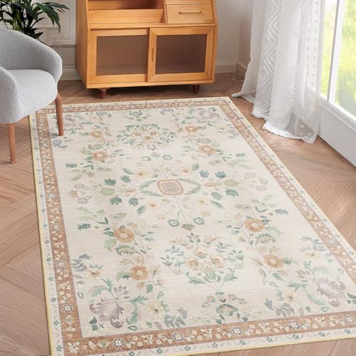 MUJOO 3x5 Rug Washable,Floral Area Rugs for Bedroom Bedside Entryway Living Room Kitchen,Floral Boho Small Indoor Floor Rug Non Slip Throw Carpet Low Pile Vintage Beige - color: Beige, size: 3' x 5' (Rectangular)