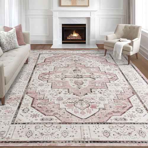 DECOMALL Maila Machine Washable Rugs 8x10ft, Traditional Oriental Pink Rug,Vintage Distressed Large Rugs Carpet for Living Room Bedroom - color: 10pink, size: 8' x 10' (Rectangular)