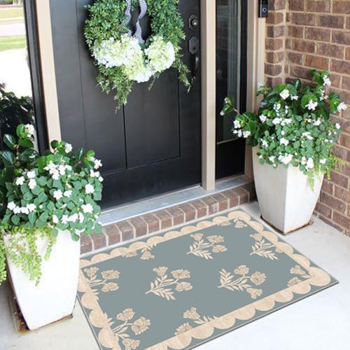 Front Door Mat Outside Entrance - 2x3 Floral Non-Slip Washable Doormat Indoor Outdoor Mat Blue Retro Farmhouse Scalloped Entry Rug Small Throw Rugs for Entryway Kitchen Front Porch Decor - color: Flower - Haze Blue, size: 2' x 3' (Rectangular)