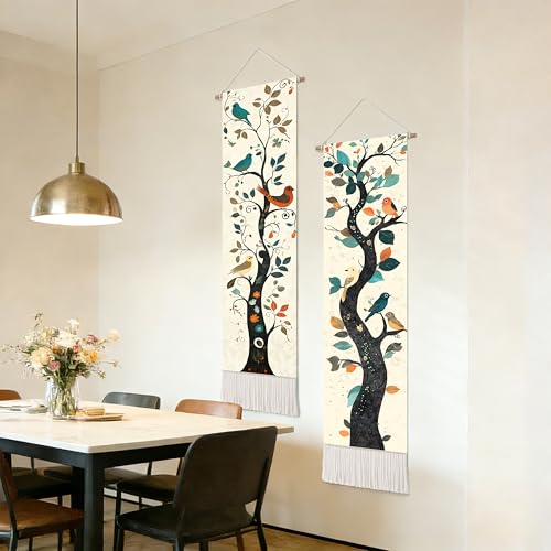 seewan 2 Pack Long Vertical Wall Tapestry, Boho Nature Landscape & Floral Aesthetic Wall Hanging for Bedroom Living Room Home Decor, Long Narrow Art Tapestry with Sunrise Mountain Botanical Designs, 13" × 51" (Boho Tree, 13"Wx51"H, Unframed) - color: Boho