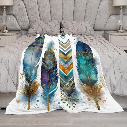 Blanket Feather Pattern Blue Throw Blanket for Women Men, 30"x40" Vintage Watercolor Gold Branch Plush Flannel Throws, Decor for Bed Couch Bedroom - color: Feather Pattern Blue, size: 30"x40"