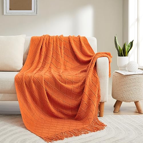 Acrylic Knitted Throw Blanket, Lightweight and Soft Cozy Decorative Woven Blanket with Tassels for Couch, Bed, Sofa, Travel, Suitable for All Seasons, 50 x 60 Inches, Orange - color: Orange