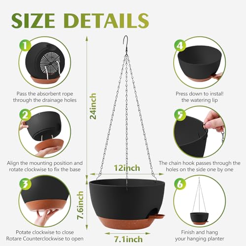 GARDIFE Hanging Planters for Indoor Outdoor Plants, 2 Pack Self Watering Hanging Pot with Drainage Holes & Removable Tray (Black, 12 inch) - color: Black, size: 12 Inch
