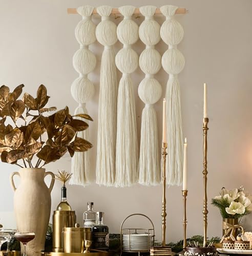 Flber Macrame Wall Hanging with Geometric Yarn Spheres, Handwoven Cotton Tassel Art for Boho Bedroom or Living Room Wall Decor 15.7" W x 19.6" L - color: Ivory2