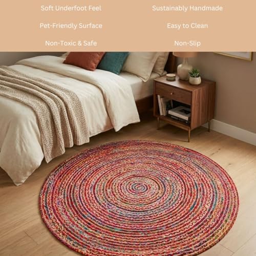 WeWove Hand Woven Area Rug 4 Feet Round - Jute Cotton Area Rug Rustic Farmhouse Boho Accent Rug for Living Room Bedroom Kitchen Dorm Entryway Hallway - Handcrafted Floor Rug - size: 4' (Round)