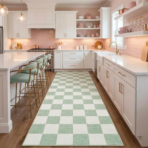 GarveeHome Checkered Sage Green 2x6 Washable Kitchen Runner Rus Geometric Diamond Dot Modern Soft Low-Pile Long Rug for Bedroom Hallways Entryway Non-Slip TPE Rubber Backing - color: Sage Green, size: 2' x 6' (Runner)
