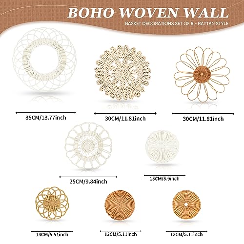 Boho Wall Basket Decor Set of 8,Rattan Flower Wall Decor,Flat Woven Baskets Wall Hanging Decor,Unique Boho Wicker Seagrass Wall Decor(Rattan Classic) - style: Classic rattan