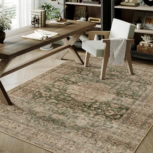 3x5 Washable Area Rug Green Brown Vintage Non Slip Soft Low Pile Rug for Entryway Kitchen Bathroom Distressed Oriental Throw Carpet for Living Room Bedroom Home Decor - color: Green/Brown, size: 3' x 5' (Rectangular)