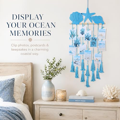 Ocean Blue Hanging Photo Display Macrame Wall Decor Starfish Seashell Photo Wall Display with 30 Wooden Clips Seaside Picture Holder for Teenage Girl Gift Beach Nautical Coastal Room Decor - color: Blue, style: Ocean