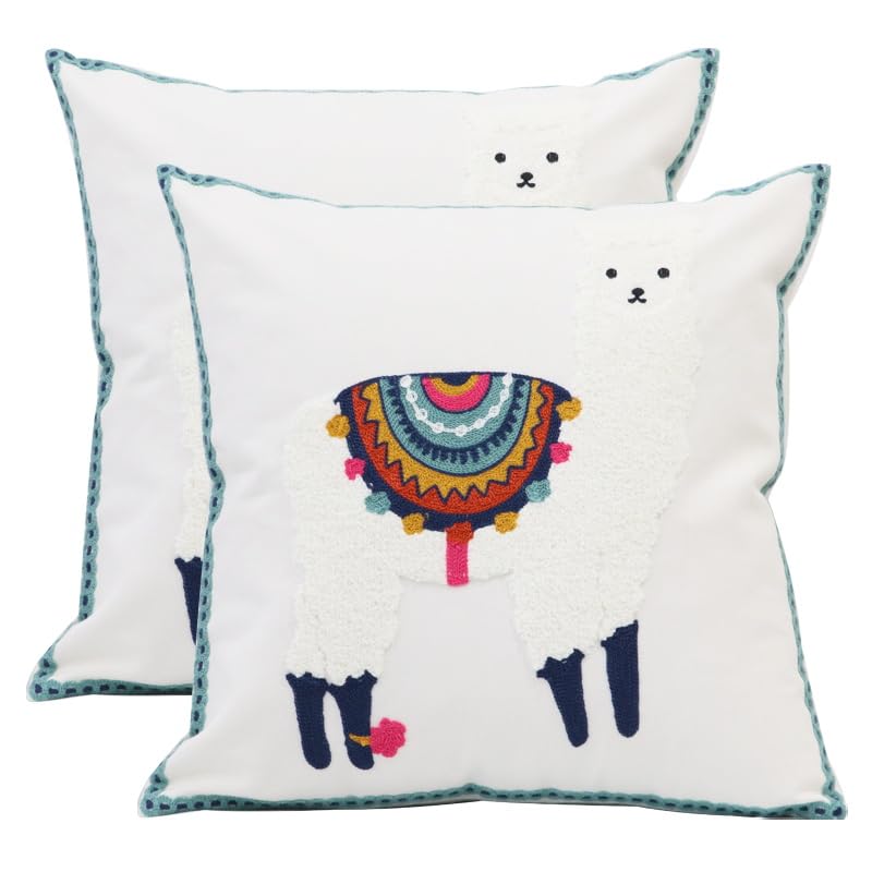 Pack of 2 Embroidered Decorative Throw Pillow Cover 18x18 Inch Farmhouse Floral Pillowcase for Living Room Sofa Bed (White Alpaca) - color: White Alpaca