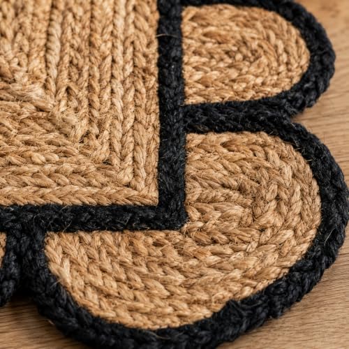 Braided Scalloped Jute Rug Natural with Black Trim, Handmade Farmhouse Boho Area Rug for Entryway, Kitchen, Hallway, Living Room, Bedroom, Rustic Woven Floor Rug - (Black- 4X6 ft) - size: 4' x 6' (Rectangular)
