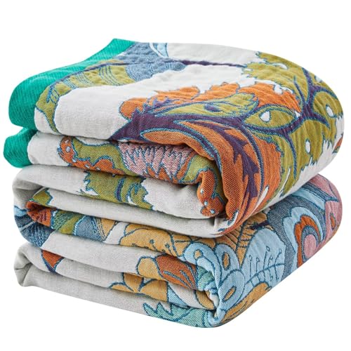 Boho Blanket Soft Muslin BohoThrow Blanket, 100% Cotton Floral Printed Farmhouse Decor All Season Reversible Rustic Throw for Sofa Couch Chair (90"x98") - color: Green, size: 90"x98"