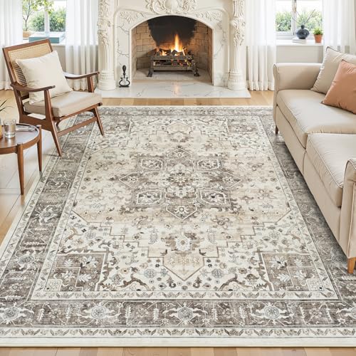 5x7 Neutral Camel Farmhouse Bedroom Rug - Vintage Traditional Oriental Brown Area Rugs for Living Room, Nursery Room, Washable Boho Distressed Floral Non-Slip Rug Low Pile Stain Resistant - color: Camel, size: 5' x 7' (Rectangular)