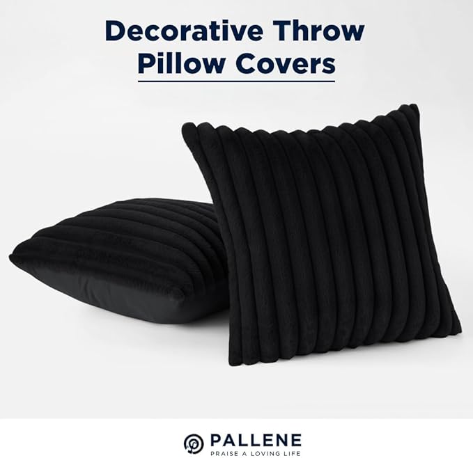 Pallene Faux Fur Plush Throw Pillow Covers 22x22 Set of 2, Luxury Soft Fluffy Striped Decorative Pillow Covers for Sofa, Couch, Living Room, Black