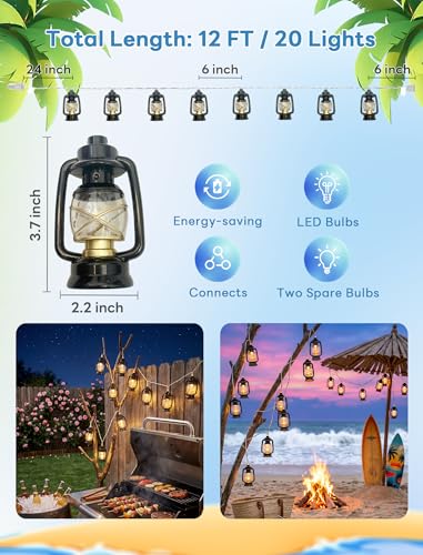 Vintage Kerosene Lantern String Lights, 12FT Retro Hurricane Lamp with 20 LED Black Kerosene Lights, Rustic Farmhouse Decorative Lighting for Camping, Patio, Fireplace, Wedding, Christmas Decor - color: 20 LED Oil Lights
