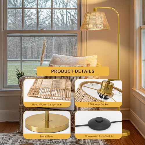 Oneach Arc Floor Lamp for Living Room,Rattan Boho Floor Lamp with Hand-Woven Wicker & Fabric Shade, Foot Switch,Gold Metal Base & Pole,Farmhouse Standing Lamp for Bedroom Corner,Office,Reading - color: Gold