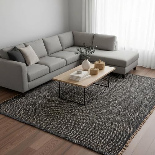 Charcoal Gray 6x9 Cotton Jute Rug Braided Construction - Farmhouse Woven Carpet - Mid-Century Modern Floor Covering for Bedroom Living Room, 6' x 9' - color: Charcoal, size: 6' x 9'