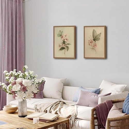 2pcs Vintage Butterfly Floral Framed Canvas Wall Art Antique Botanical Prints With Retro Butterfly And Pink Flower Oil Painting Decor For Living Room Bedroom Office 12x16in - color: Retro butterfly flower, size: 12x16in