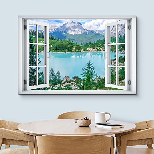 wall26 Canvas Print Wall Art Window View Colorado Forest Lake Mountain Range Wilderness Nature Photography Realism Scenic Landscape Colorful Multicolor for Living Room, Bedroom, Office - 12"x18" - color: A40-2204-slm14, size: 18"L x 12"W