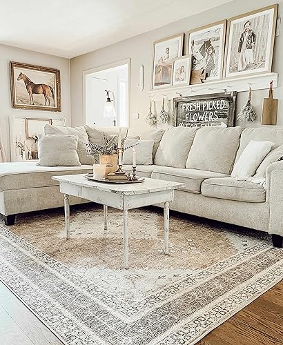 Hauteloom Ferdinand Living Room, Bedroom Machine Washable Area Rug - Farmhouse - Light Brown, Dark Brown, Light Blue - 5'3" x 7' - size: 5'3" x 7' (Rectangular)