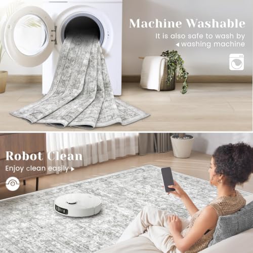 5x7 Area Rugs for Living Room: Washable Vintage Floral Rug Low Pile Non-Slip Boho Carpet for Bedroom Nursery Dining Room (Grey, 5'x7') - color: Grey, size: 5' x 7' (Rectangular)
