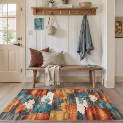 3x5 Area Rug for Living Room,Modern Abstract Burnt Orange Rug,Terracotta and Teal Brushstroke,Washable Rug,Non Slip, for Entryway, Kitchen, Laundry Room, Bathroom - color: Burn Orange, size: 3' x 5' (Rectangular)