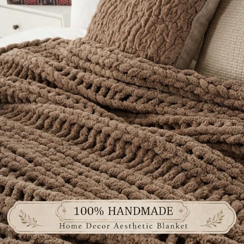 Battilo Chunky Knit Throw Blanket for Couch, Hand Made Chenille Throw Blanket, Super Soft Warm Cozy Taupe Blanket for Bed, Sofa, Living Room, 50"x60" - color: Taupe