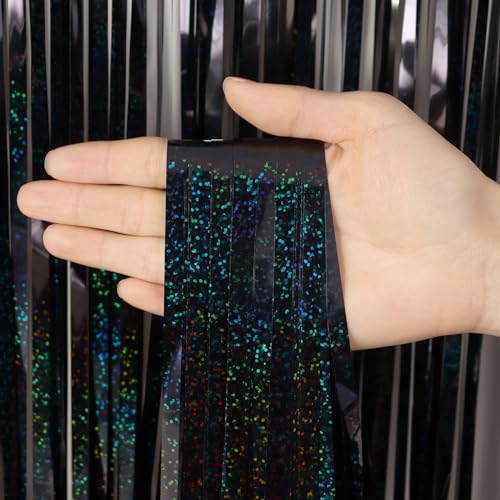 2 Pack Fringe Curtains Backdrops, Foil Fringe Curtains, Door Streamers for Birthday Wedding Bridal Shower Holiday Graduation Party Decorations, Photo Booth Backdrops, Glitter Black - color: Glitter Black