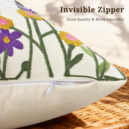 Floral Embroidered Decorative Throw Pillow Covers 18x 18 Inch Set of 1, Boho Spring Farmhouse White Daisy Flowers Patterned Canvas Cushion case for Couch Sofa Bed Living Room Home Decor - color: Falling Petals