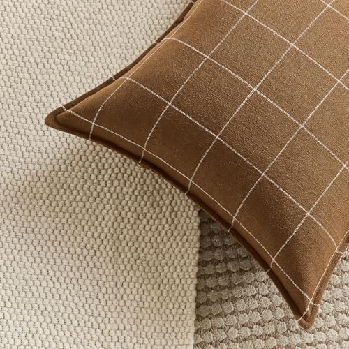Farmhouse Dark Brown Plaid Throw Pillow Covers 20x20 Set of 2, Brown Boho Decor 20 x 20 Check Pillow Covers, Modern Farmhouse Tan Plaid Room Decor Cushion Covers for Home Sofa (No Pillow Insert) - color: Brown Plaid Set of 2, size: 20" x 20" (Pack of 2)