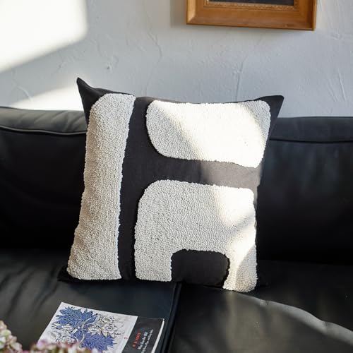Black White Geometric Tufted Decorative Throw Pillow Cover，Chunky Boho Minimalist Modern Pillow Case，Mid Century Woven Abstract Pillow Sham for Bed Couch Living Room，18x18 inches, 1PCS - color: Black-b