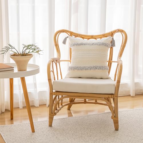 Boho Throw Pillow Covers 18x18 Set of 2 Woven Tufted Farmhouse Pillows Cover with Tassels Textured Striped Cushion Case Neutral Pillow Cases Decorative Pillowcase for Sofa, Couch, Bed, Light Grey - color: Light Grey, size: 18" x 18" (Pack of 2)