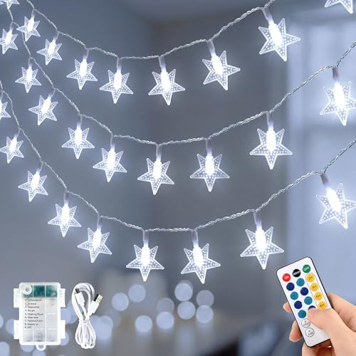 HEYFUNi White Star String Lights with Remote, 16FT 50 LED USB Battery | Remote control, 2/4/6/8H timer, 8 modes, 4 Brightness & Speed, USB or battery powered for bedroom, dorm, nursery decor - color: White, size: 50 LED-Battery&USB