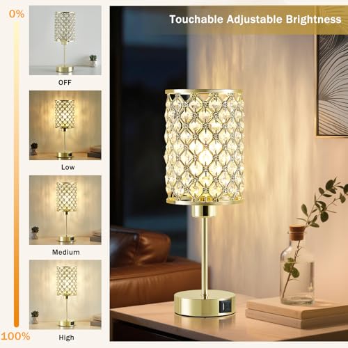 GyroVu Crystal Table Lamps Set of 2, Gold Touch Lamp for Nightstand with USB C+A Ports, Dimmable Small Bedside Lamp with Crystal Shade, End Table Desk Lamps for Bedroom, Living Room(Buld Included) - color: Gold-2, size: 14.75"