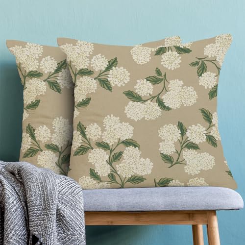 AEIOAE Spring Pillow Covers 16x16 Inch Set of 2, Beige Green Hydrangea Flower Throw Pillows Case,Floral Summer Outdoor Seasonal Decorative Farmhouse Decor Cushion Covers for Home Sofa Bed Couch - color: Beige Hydrangea, size: 16" x 16" (Pack of 2)