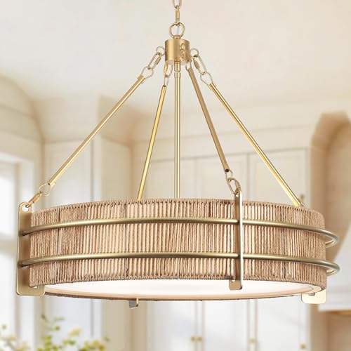 24.8" Boho Rattan Chandelier, 5-Light Large Hand-Woven Rattan Chandeliers with Wicker Shade, Rustic Gold Pendant Light for Dining Room, Living Room, Bedroom, Kitchen, Foyer - size: 24.8 inch