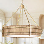 24.8" Boho Rattan Chandelier, 5-Light Large Hand-Woven Rattan Chandeliers with Wicker Shade, Rustic Gold Pendant Light for Dining Room, Living Room, Bedroom, Kitchen, Foyer - size: 24.8 inch