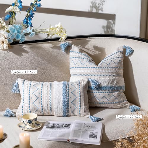 BlissBlush Decorative Throw Pillow Covers 20x20 Combo Set of 2 Square Coastal Blue Boho Accent Pillowcase Tassels Farmhouse Cushion for Couch Sofa Bedroom Living Room Home Décor Cover ONLY - color: Blue, size: 20" x 20" (Pack of 2)