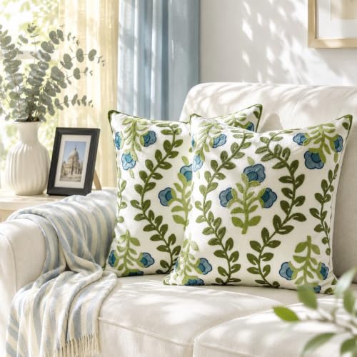 Alysheer Floral Embroidered Summer Decorative Throw Pillow Covers 18"x 18" Set of 2, Farmhouse Blue Flowers Green Vines Patterned Cotton Cushion Cases for Couch Bed Living Room Cottage Decor - color: Blue, size: 18" x 18" (Pack of 2)