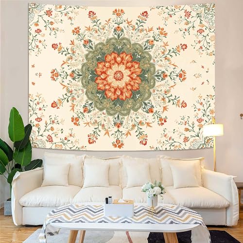 Wegklazax Mandala Floral Tapestry, Bohemian Botanical Wall Art for Room Decor, Vintage Aesthetic Home Decor 60" L x 44" W - color: Ivory Orange, size: 60"L x 44"W