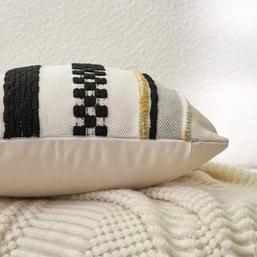Aeckself Boho Throw Pillow Covers 18x18 Inch Set of 2, Farmhouse Decorative Striped Square Pillow Covers Chenille Tufted Pillow Cases Accent Neutral Pillowcase for Living Room Couch Bed, Black - color: Black
