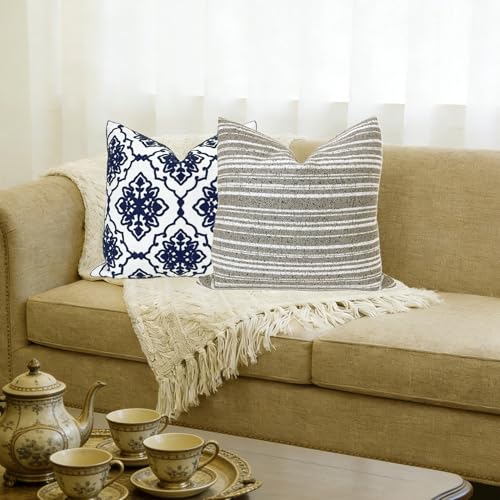 Slow Cow Boho Chenille Textured Woven Stripe Throw Pillow Covers 18x18 Decorative Cushion Cover Striped Square Pillow Cover Pillow Case - color: Beige, size: 18" x 18" (Pack of 1)