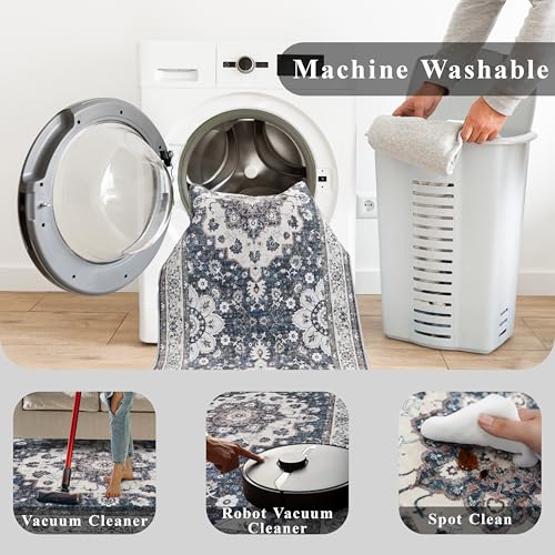 Washable 2x3 Entryway Area Rug: Vintage Non-Slip Backing Rugs for Kitchen Bathroom Water Resistant Carpet for Bedroom Soft Low Pile Front Door Mat for Dining Room 2x3 Blue - color: Blue, size: 2' x 3' (Rectangular)