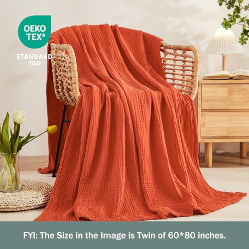 EMME Cotton Muslin Large Throw Blanket Couch Breathable Gauze Soft Lightweight Bed Blankets Adults (Heather Orange Rust, 50"x70") - color: 13 - Orange Rust, size: Large Throw (50" X 70")