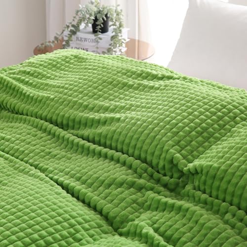 Puncuntex Flannel Fleece Throw Blanket Apple Green 50"×60",Super Soft Plush Cozy Blanket with Square Grid Design Luxury for Couch Sofa Chair - color: Apple Green, size: 50"×60"