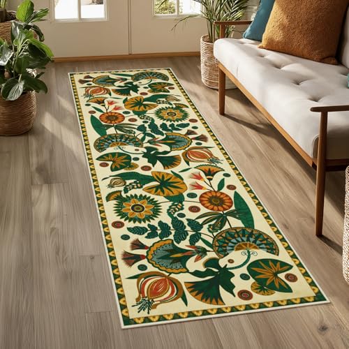Joydeco Egypt Floral Boho Rug Runners for Hallways Entryway Non Slip, 2x6 Bathroom Kitchen Runner Rugs Non Skid Washable, Vintage Beige Carpet for Entrance Laundry Room Bed Beside - color: Beige, size: 2' x 6' (Runner)