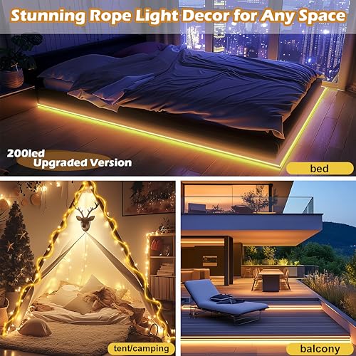LairtPOW Solar Rope Lights with Remote for Tree Decor,72FT 200LEDs Outdoor Solar Strip Lights for Patio,IP67 Waterproof, USB Charging, Timing & 8 Modes Outdoor Fairy Light for Garden(Warm White) - color: Brighter-Warm White, size: 200 LED