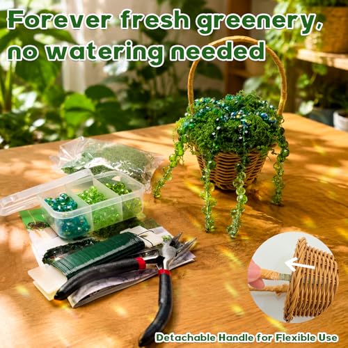 GUJYUYIF Beaded Plant Kit Green Glass Beads for Plant Making with Rattan Basket, Hanging Suncatchers Beading Kit for Jewelry Making DIY Craft Kit Plants - color: Basic Green