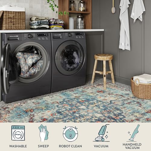 Lahome Reine Bohemian Floral Medallion Area Rug - 2x3 Vintage Teal Distressed Small Entryway Rug Turkish Doormat Faux Wool Non-Slip Washable Low-Pile Carpet for Bathroom Kitchen Laundry Room Decor - color: Vintage Teal/Multi, size: 2' x 3' (Rectangular)