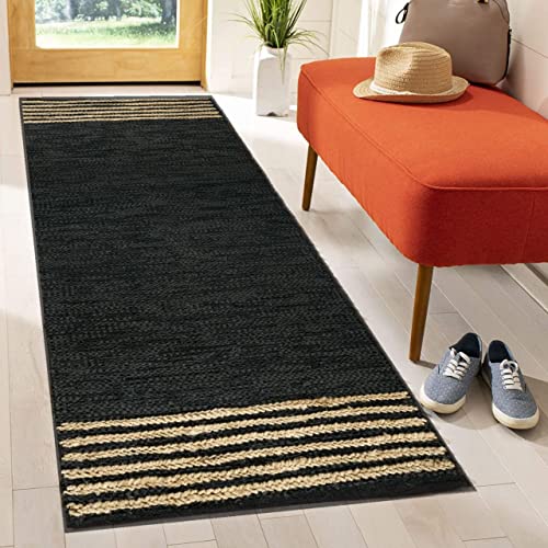 GRUHUM Jute Runner Rug 2'6"x 8' ft Natural Fiber Leather Black Jute Area Rug Handwoven Boho Farmhouse Braided Rustic Vintage Ecofriendly Indoor Rugs for Kitchen Living Room Bedroom Hallways Entryways - color: Natural Black- 20, size: 2'6" x 8' (Rectangula